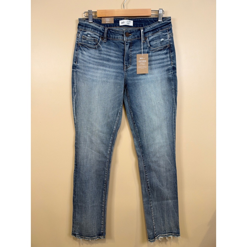 BKE Victoria Straight Jeans Womens 29 Blue Mid Rise High Stretch Raw Hem AXB321R